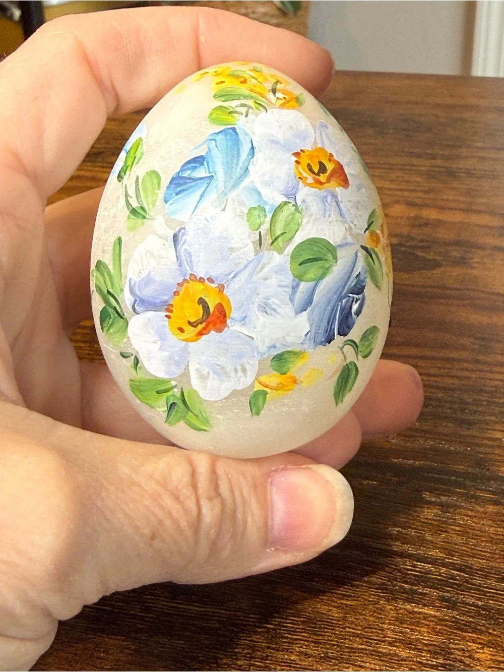 Vintage Hand-Painted Floral Decorative Egg - White & Blue